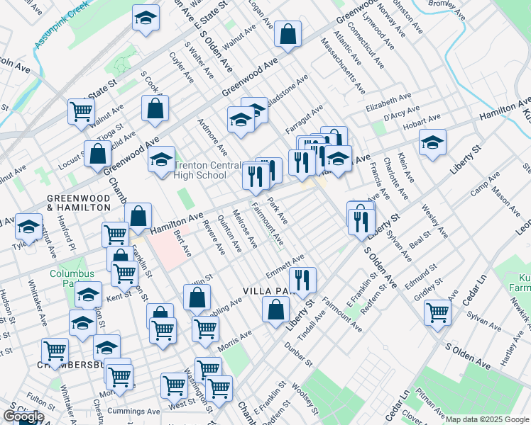 map of restaurants, bars, coffee shops, grocery stores, and more near 824 Fairmount Avenue in Trenton