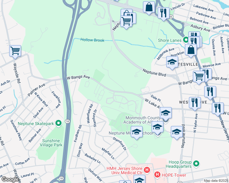 map of restaurants, bars, coffee shops, grocery stores, and more near West Bangs Avenue & Alpine Trail in Neptune