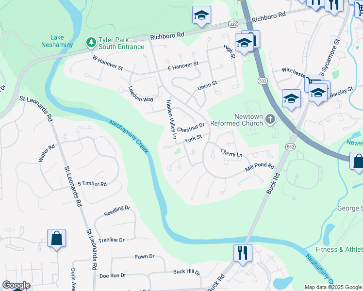 map of restaurants, bars, coffee shops, grocery stores, and more near 1 Princess Lane in Newtown