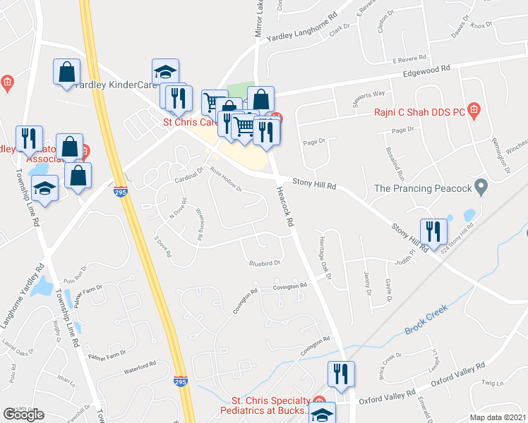 map of restaurants, bars, coffee shops, grocery stores, and more near 658A Rose Hollow Drive in Yardley