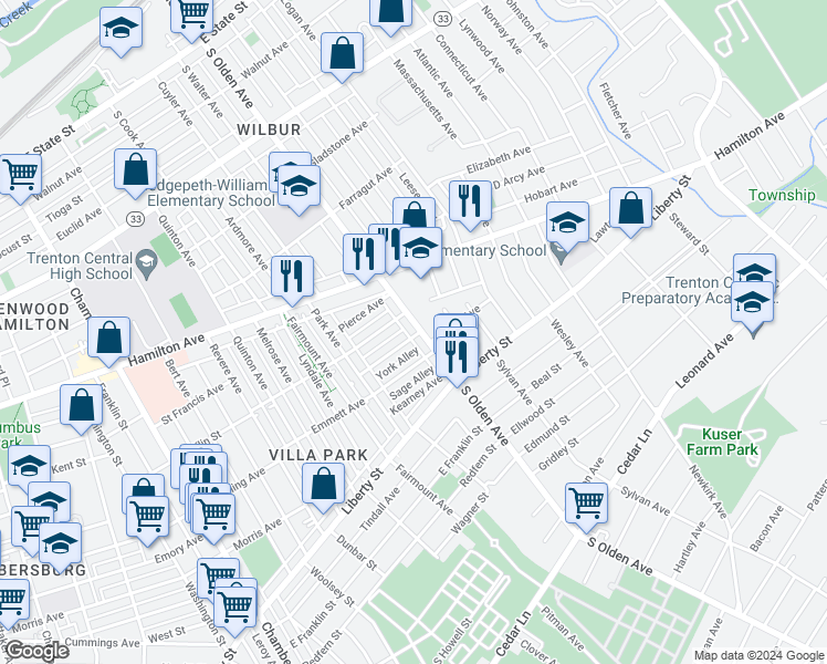 map of restaurants, bars, coffee shops, grocery stores, and more near 635 South Olden Avenue in Trenton