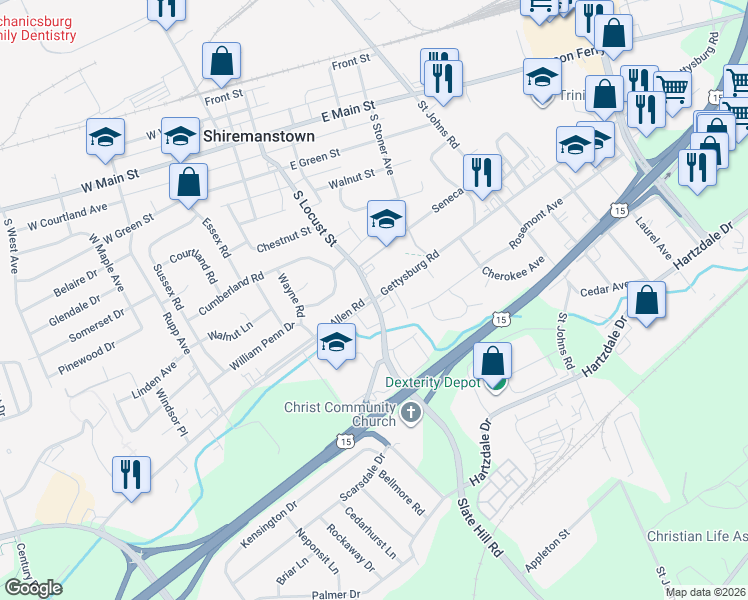 map of restaurants, bars, coffee shops, grocery stores, and more near Gettysburg Road in Cumberland County