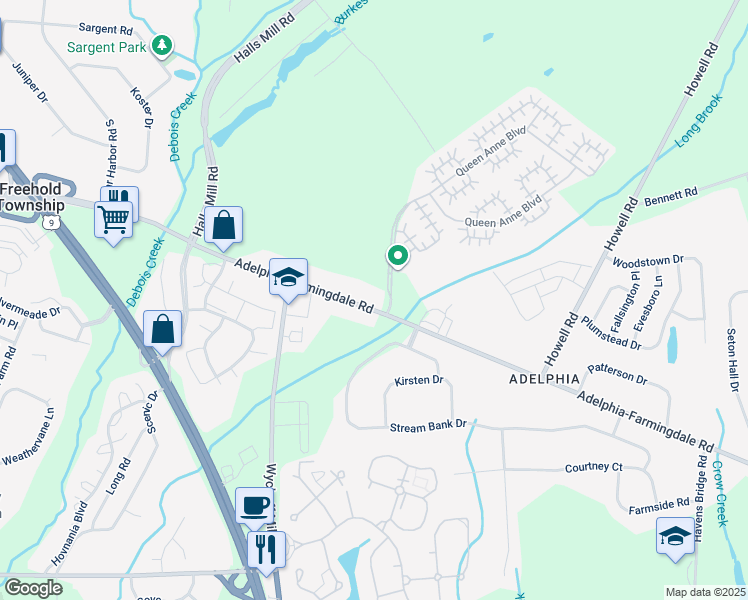 map of restaurants, bars, coffee shops, grocery stores, and more near 904 Adelphia Road in Freehold