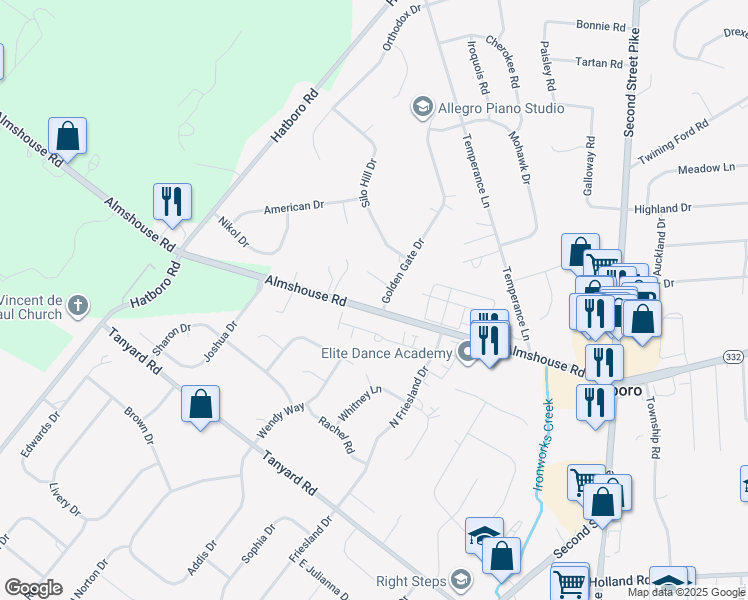 map of restaurants, bars, coffee shops, grocery stores, and more near 431 Golden Gate Drive in Richboro