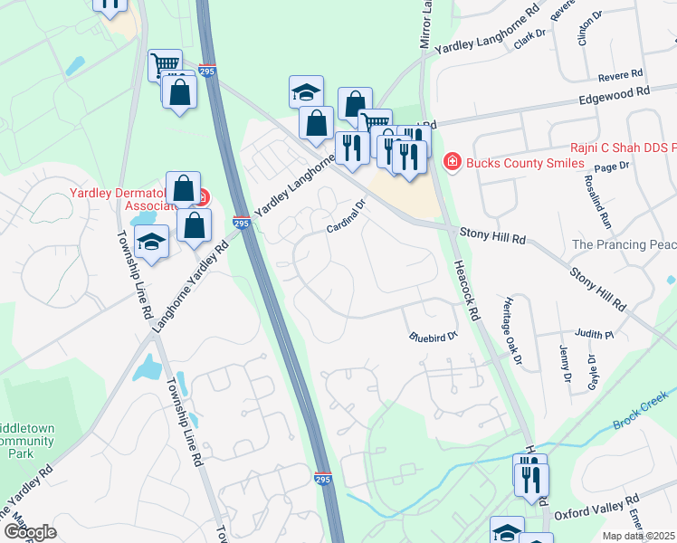 map of restaurants, bars, coffee shops, grocery stores, and more near 625 Wrensong Road in Yardley