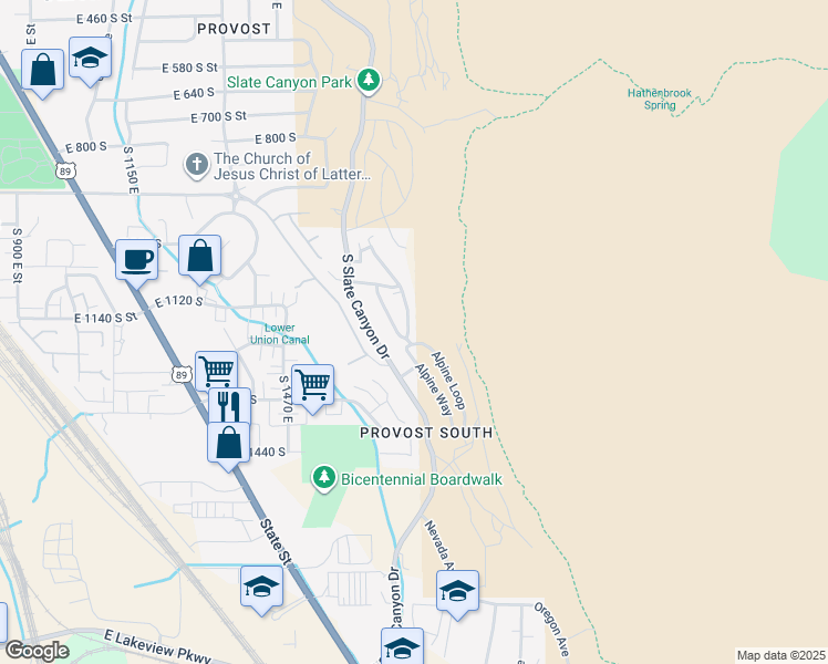 map of restaurants, bars, coffee shops, grocery stores, and more near 1183 Canyon Meadow Drive in Provo
