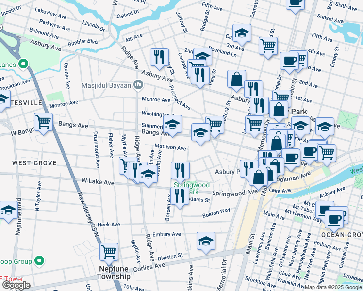 map of restaurants, bars, coffee shops, grocery stores, and more near 1207 Mattison Avenue in Asbury Park