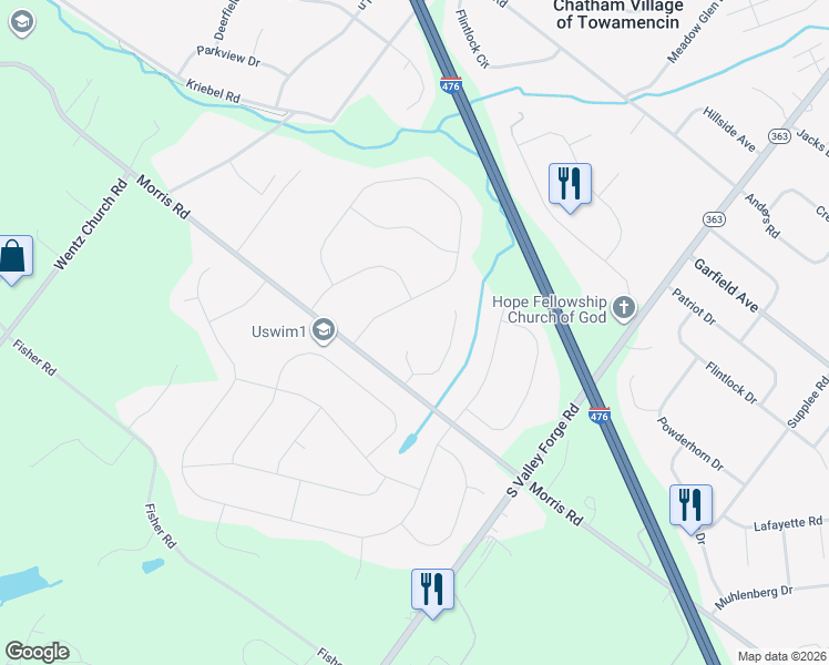 map of restaurants, bars, coffee shops, grocery stores, and more near 1142 Squires Way in Lansdale