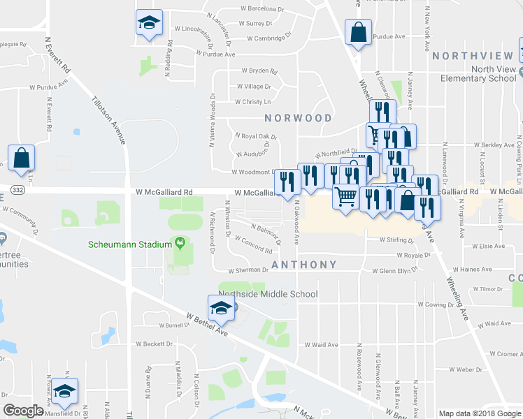 map of restaurants, bars, coffee shops, grocery stores, and more near 2011 West McGalliard Road in Muncie
