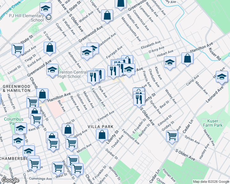 map of restaurants, bars, coffee shops, grocery stores, and more near 548 Centennial Avenue in Trenton