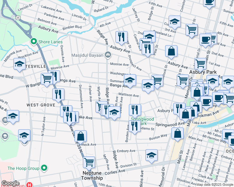 map of restaurants, bars, coffee shops, grocery stores, and more near 1406 Mattison Avenue in Asbury Park