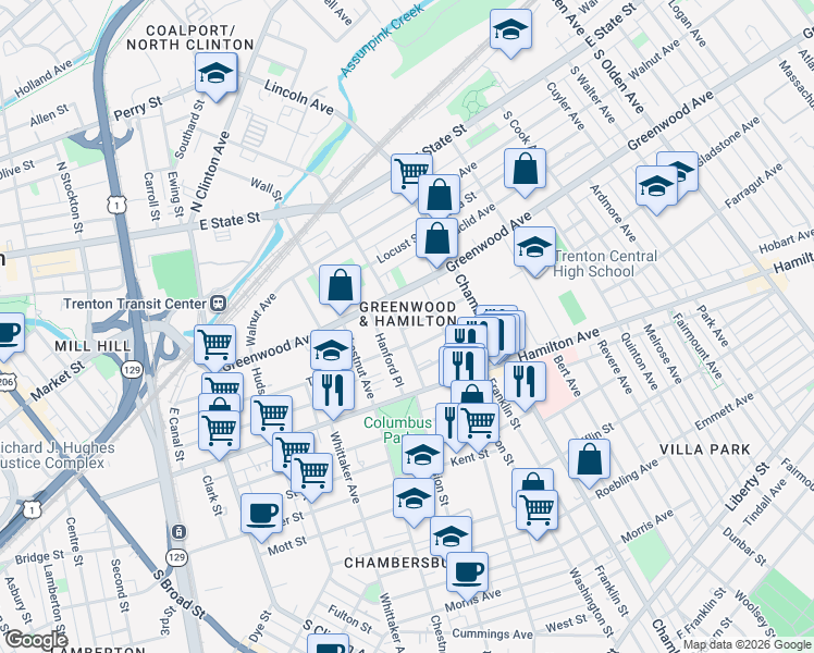 map of restaurants, bars, coffee shops, grocery stores, and more near in Trenton