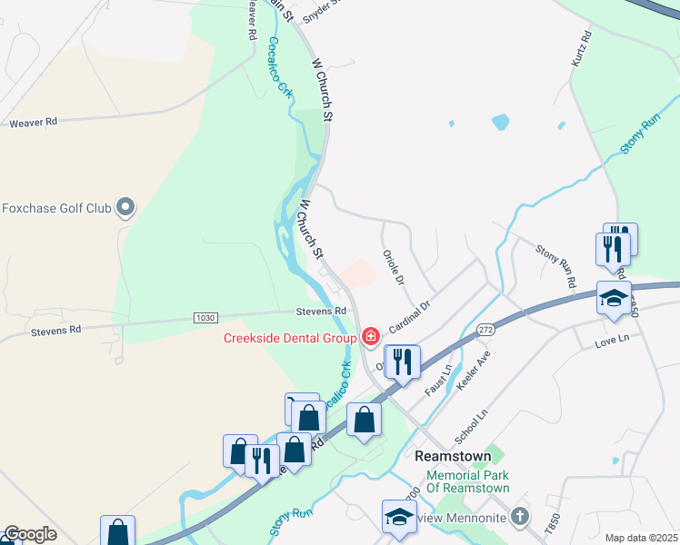 map of restaurants, bars, coffee shops, grocery stores, and more near 16 East Church Street in Stevens