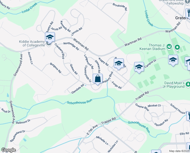 map of restaurants, bars, coffee shops, grocery stores, and more near 616 Longwood Road in Collegeville