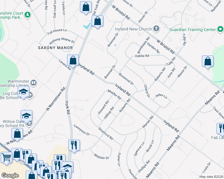 map of restaurants, bars, coffee shops, grocery stores, and more near 783 Mueller Road in Warminster