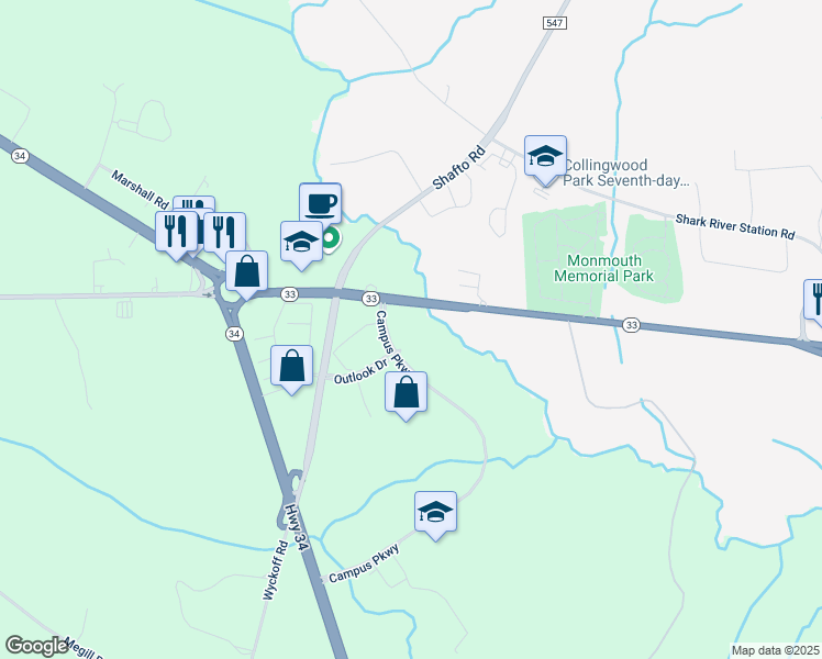 map of restaurants, bars, coffee shops, grocery stores, and more near 1305 Campus Parkway in Wall Township