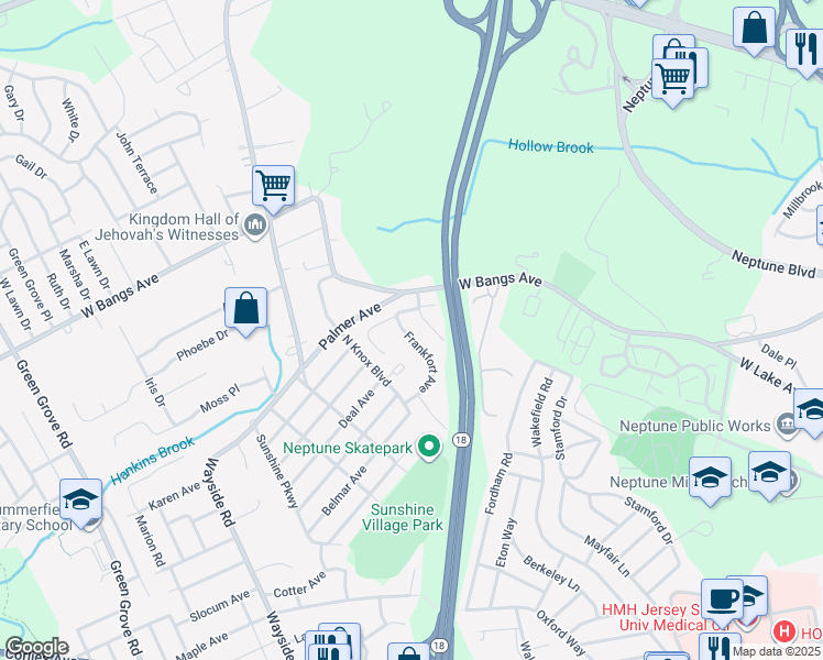 map of restaurants, bars, coffee shops, grocery stores, and more near 214 Frankfort Avenue in Neptune City