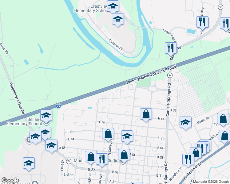 map of restaurants, bars, coffee shops, grocery stores, and more near 4 Court Lane in Carlisle