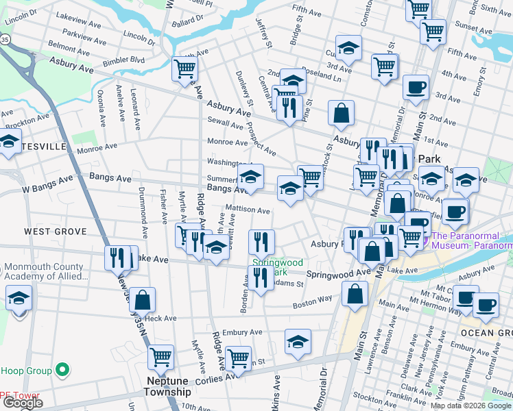 map of restaurants, bars, coffee shops, grocery stores, and more near 1304 Mattison Avenue in Asbury Park
