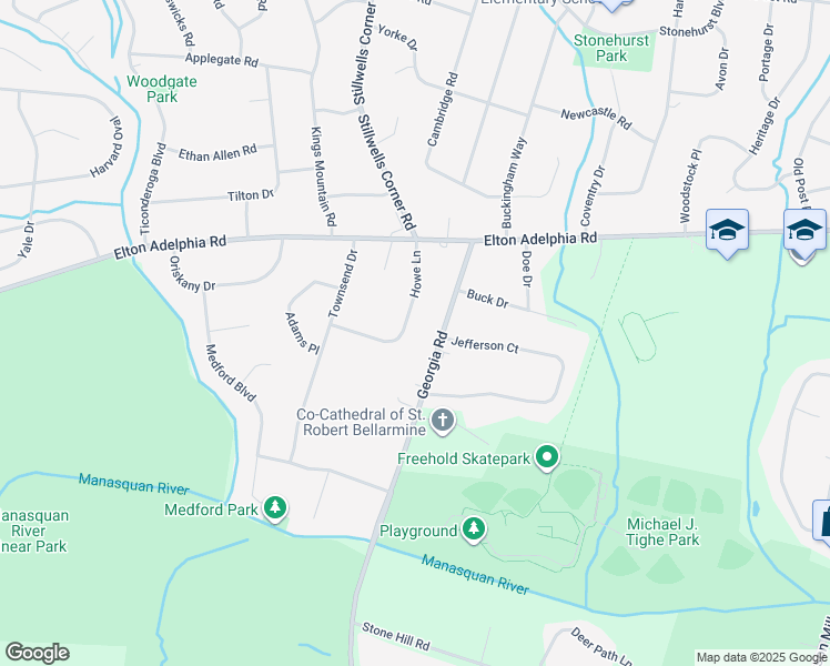 map of restaurants, bars, coffee shops, grocery stores, and more near 22 Georgia Road in Freehold