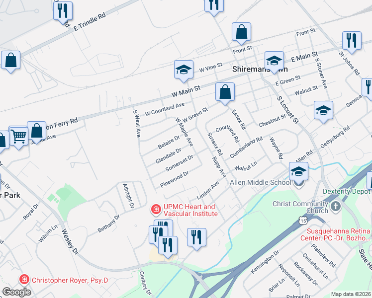 map of restaurants, bars, coffee shops, grocery stores, and more near 306 Glendale Drive in Shiremanstown