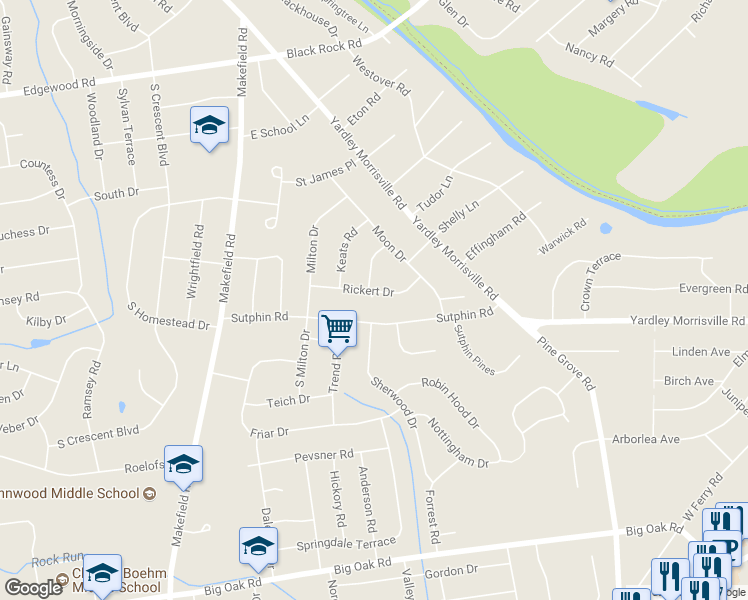 map of restaurants, bars, coffee shops, grocery stores, and more near 47 Rickert Drive in Yardley