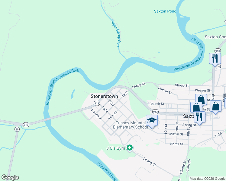 map of restaurants, bars, coffee shops, grocery stores, and more near 17th Street in Saxton