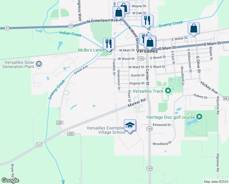 map of restaurants, bars, coffee shops, grocery stores, and more near 533 South Franklin Street in Versailles