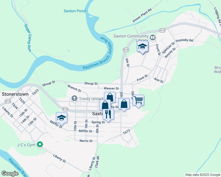 map of restaurants, bars, coffee shops, grocery stores, and more near 620 Branch Street in Saxton