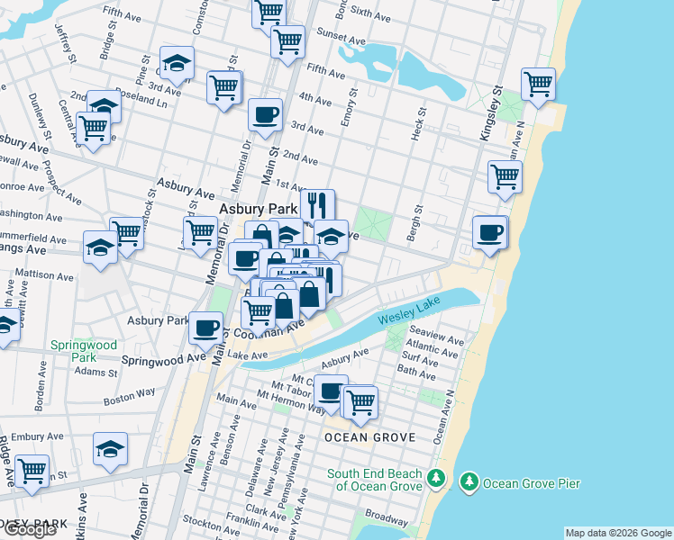 map of restaurants, bars, coffee shops, grocery stores, and more near 601 Grand Avenue in Asbury Park