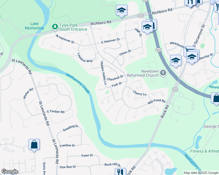map of restaurants, bars, coffee shops, grocery stores, and more near 3 Princess Lane in Newtown