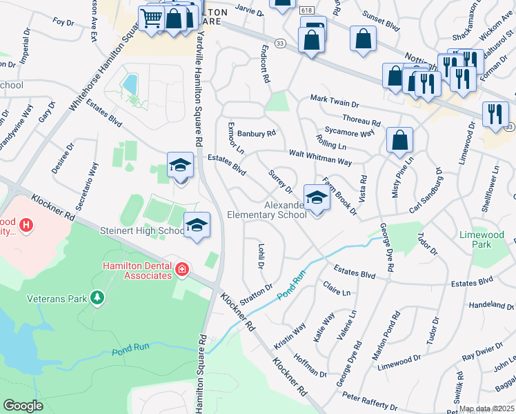 map of restaurants, bars, coffee shops, grocery stores, and more near 15 Sutton Drive in Hamilton Township