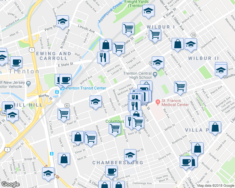 map of restaurants, bars, coffee shops, grocery stores, and more near 618 Monmouth Street in Trenton