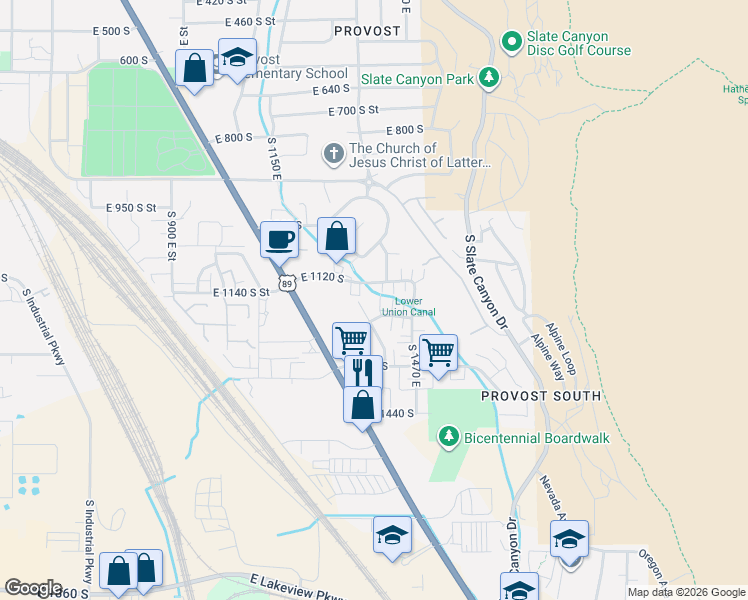 map of restaurants, bars, coffee shops, grocery stores, and more near 1168 South 1420 East in Provo