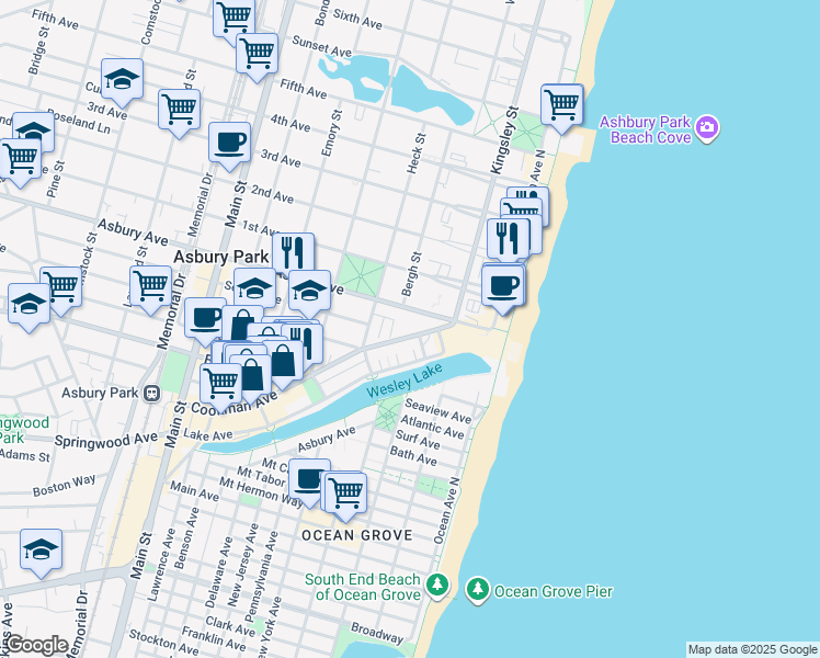 map of restaurants, bars, coffee shops, grocery stores, and more near 106 Cookman Avenue in Asbury Park