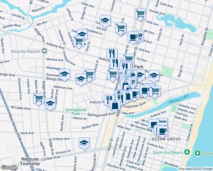 map of restaurants, bars, coffee shops, grocery stores, and more near 1000 Bangs Avenue in Asbury Park