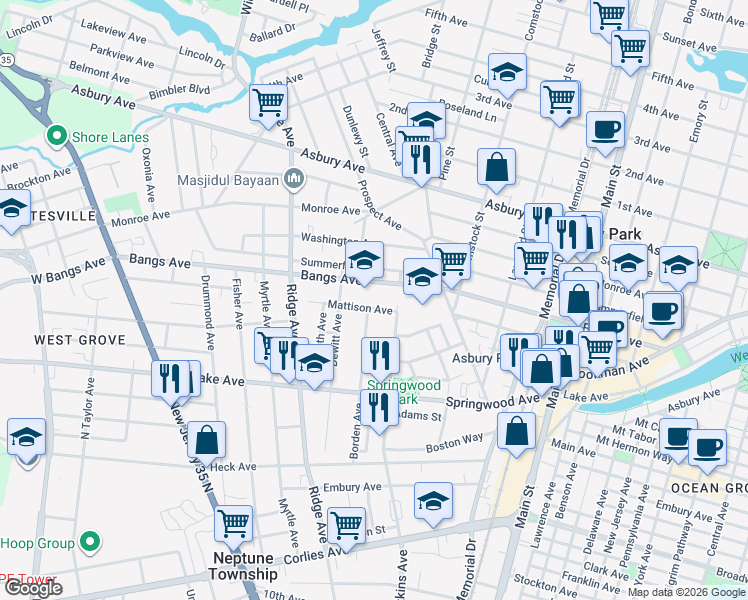 map of restaurants, bars, coffee shops, grocery stores, and more near 1304 Mattison Avenue in Asbury Park