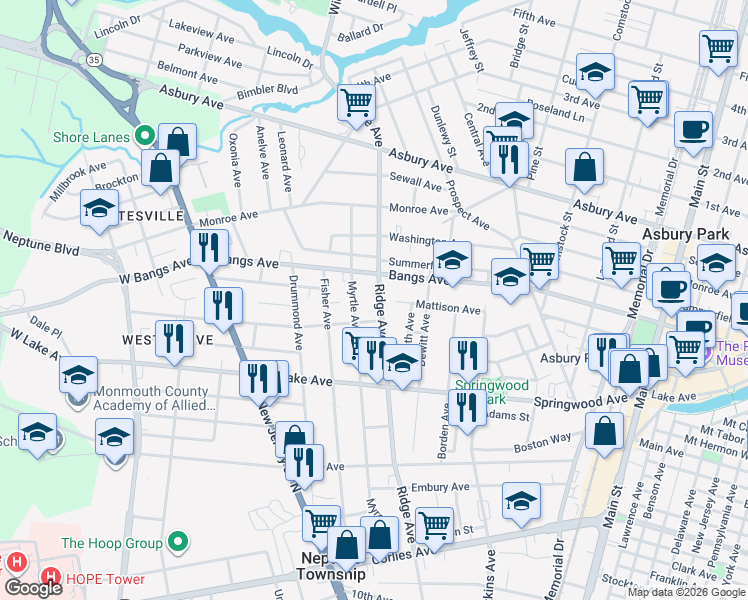 map of restaurants, bars, coffee shops, grocery stores, and more near 157 Ridge Avenue in Asbury Park