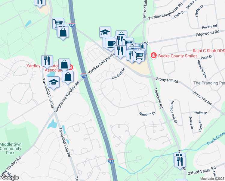 map of restaurants, bars, coffee shops, grocery stores, and more near 625 Wrensong Road in Yardley