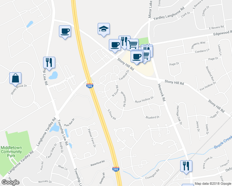 map of restaurants, bars, coffee shops, grocery stores, and more near 625 Wrensong Road in Yardley