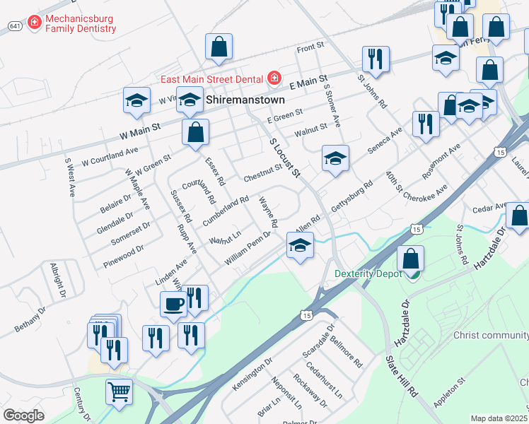 map of restaurants, bars, coffee shops, grocery stores, and more near 11 Wayne Road in Camp Hill