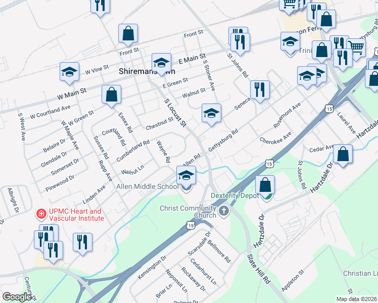 map of restaurants, bars, coffee shops, grocery stores, and more near 114 Cumberland Drive in Camp Hill