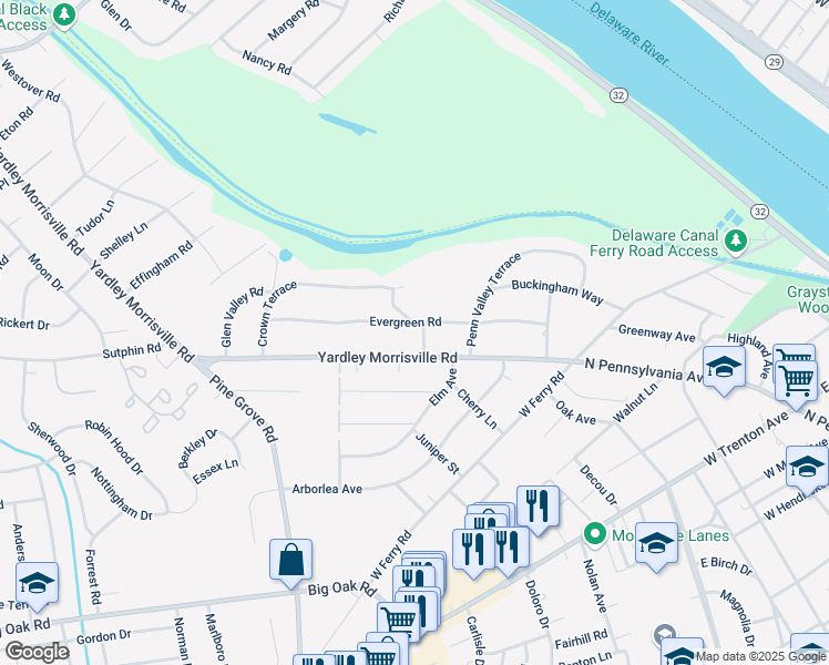 map of restaurants, bars, coffee shops, grocery stores, and more near 3 Crown Terrace in Yardley