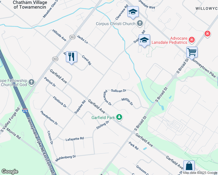map of restaurants, bars, coffee shops, grocery stores, and more near 865 Sullivan Drive in Lansdale