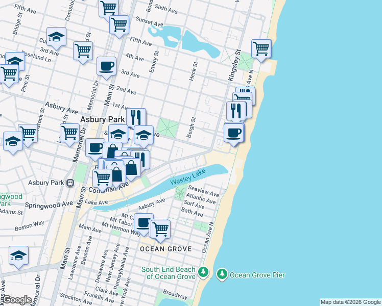 map of restaurants, bars, coffee shops, grocery stores, and more near 106 Cookman Avenue in Asbury Park