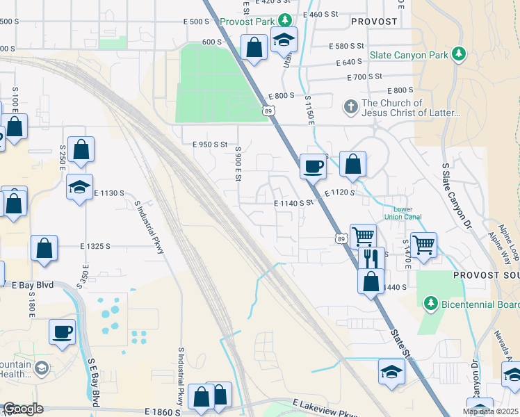 map of restaurants, bars, coffee shops, grocery stores, and more near 975 East 1180 South in Provo