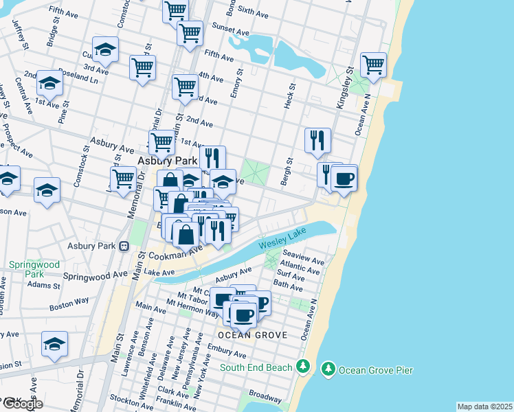 map of restaurants, bars, coffee shops, grocery stores, and more near 410 Sewall Avenue in Asbury Park