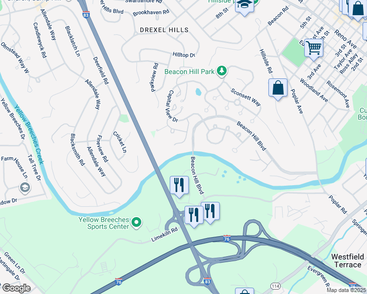 map of restaurants, bars, coffee shops, grocery stores, and more near 1740 Creek Vista Drive in New Cumberland
