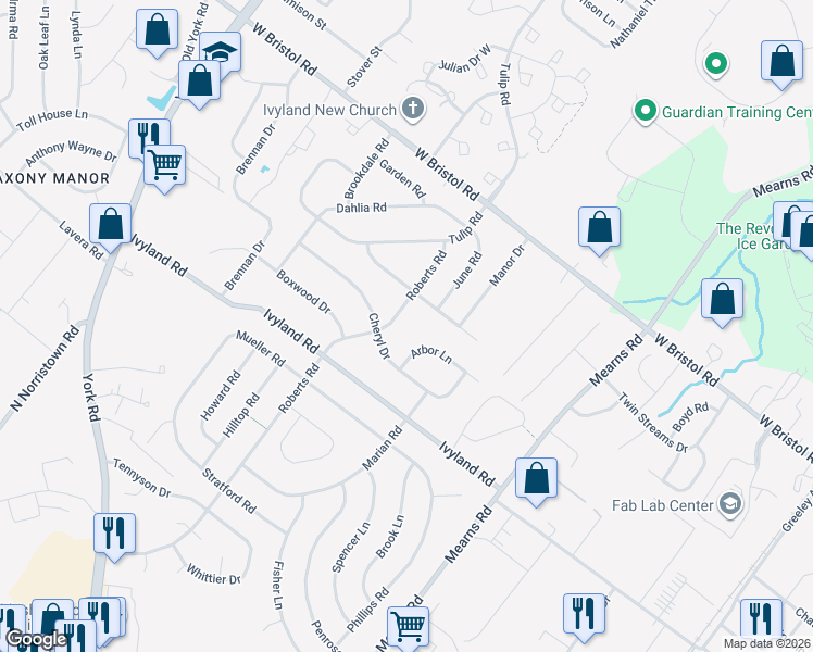 map of restaurants, bars, coffee shops, grocery stores, and more near 683 Arbor Lane in Warminster