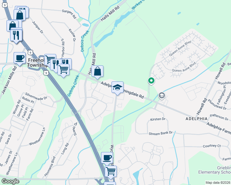 map of restaurants, bars, coffee shops, grocery stores, and more near in Howell Township